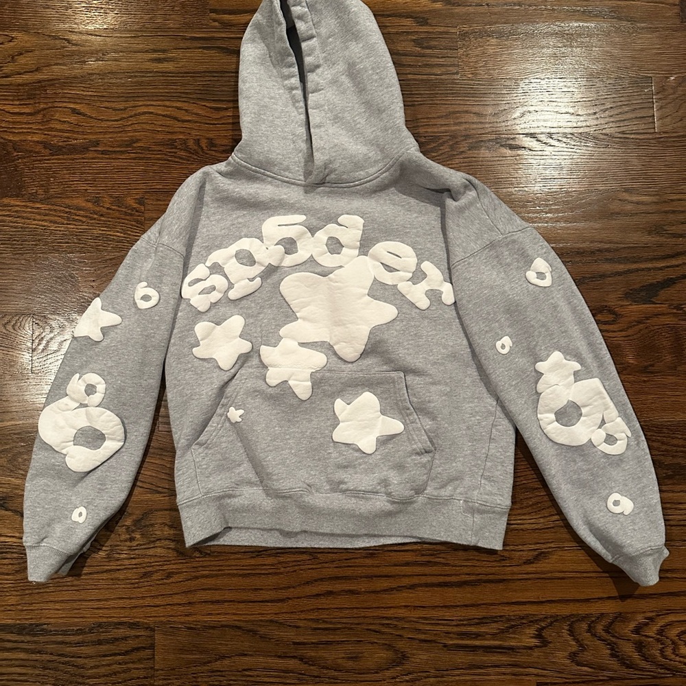 Sp5der Beluga Gray Hoodie with White Star Accents